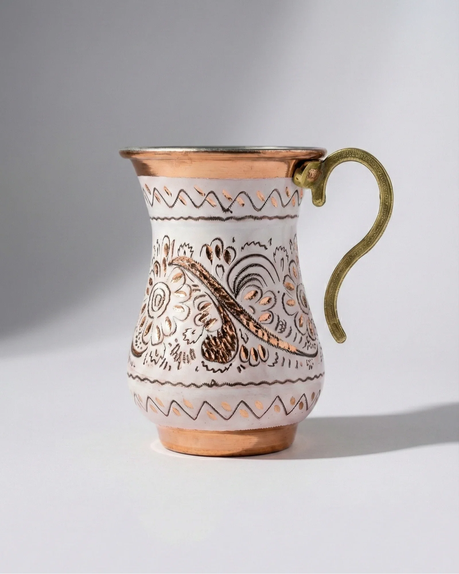 Antep İşi Çiçek Desenli Bakır Kupa - Beyaz (220 ml)