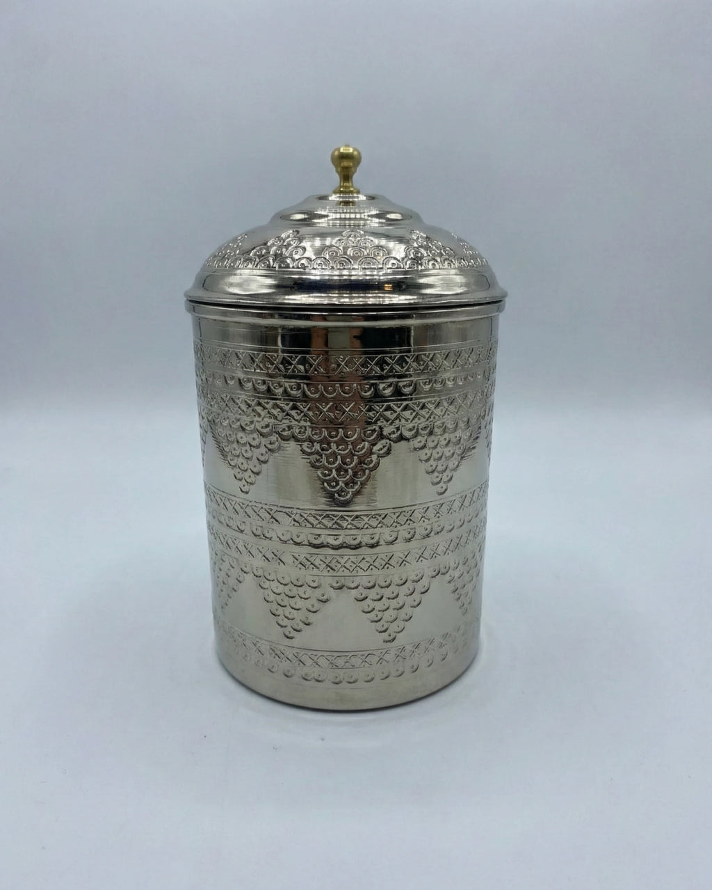 Pirinç Kulplu Kalaylı Geleneksel Nakışlı Bakır Baharatlık - 16 cm