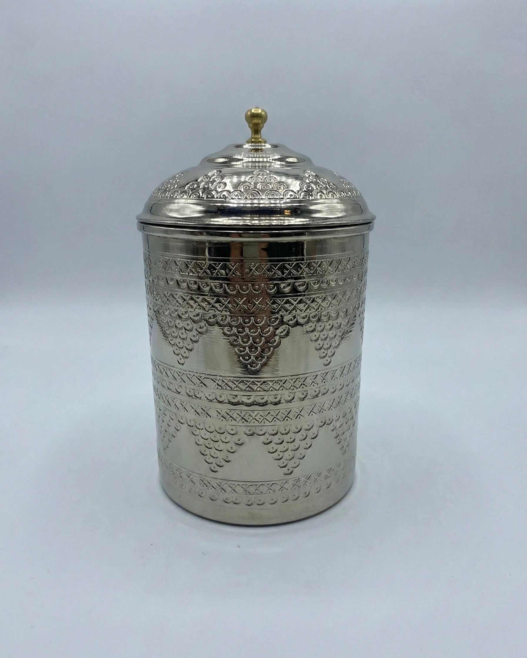 Pirinç Kulplu Kalaylı Geleneksel Nakışlı Bakır Baharatlık - 16 cm