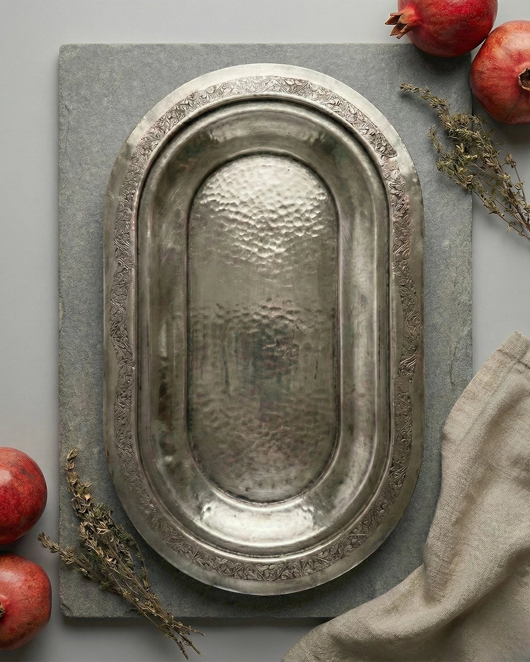 80 cm Ateşe Dayanıklı Dövme Krom Kayık Mangallık Sunum Tabağı