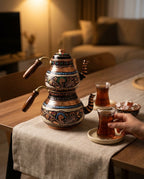 Salonda çay keyfi konseptiyle masada duran bakır çaydanlık, çay bardağı tutan el ve lokum. - Gaziantep Bakırcılık