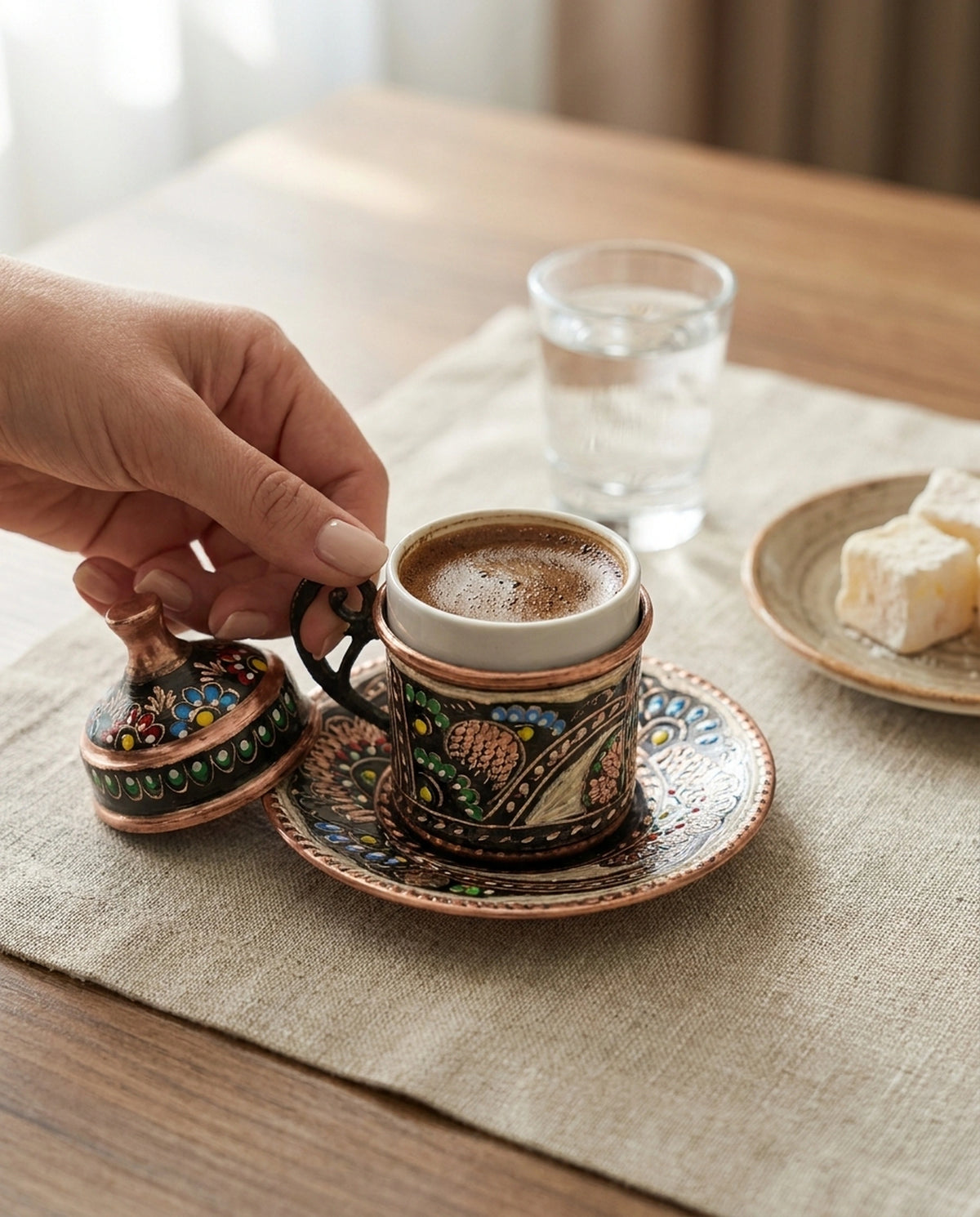 Kapağı açılmış, içi köpüklü Türk kahvesi dolu renkli el boyaması bakır fincanın yakın servis anı. - Gaziantep Bakırcılık