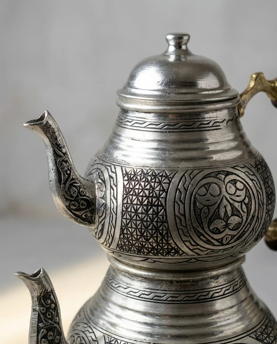 Reşolu kalaylı kalem işi çaydanlık - Gaziantep Bakırcılık