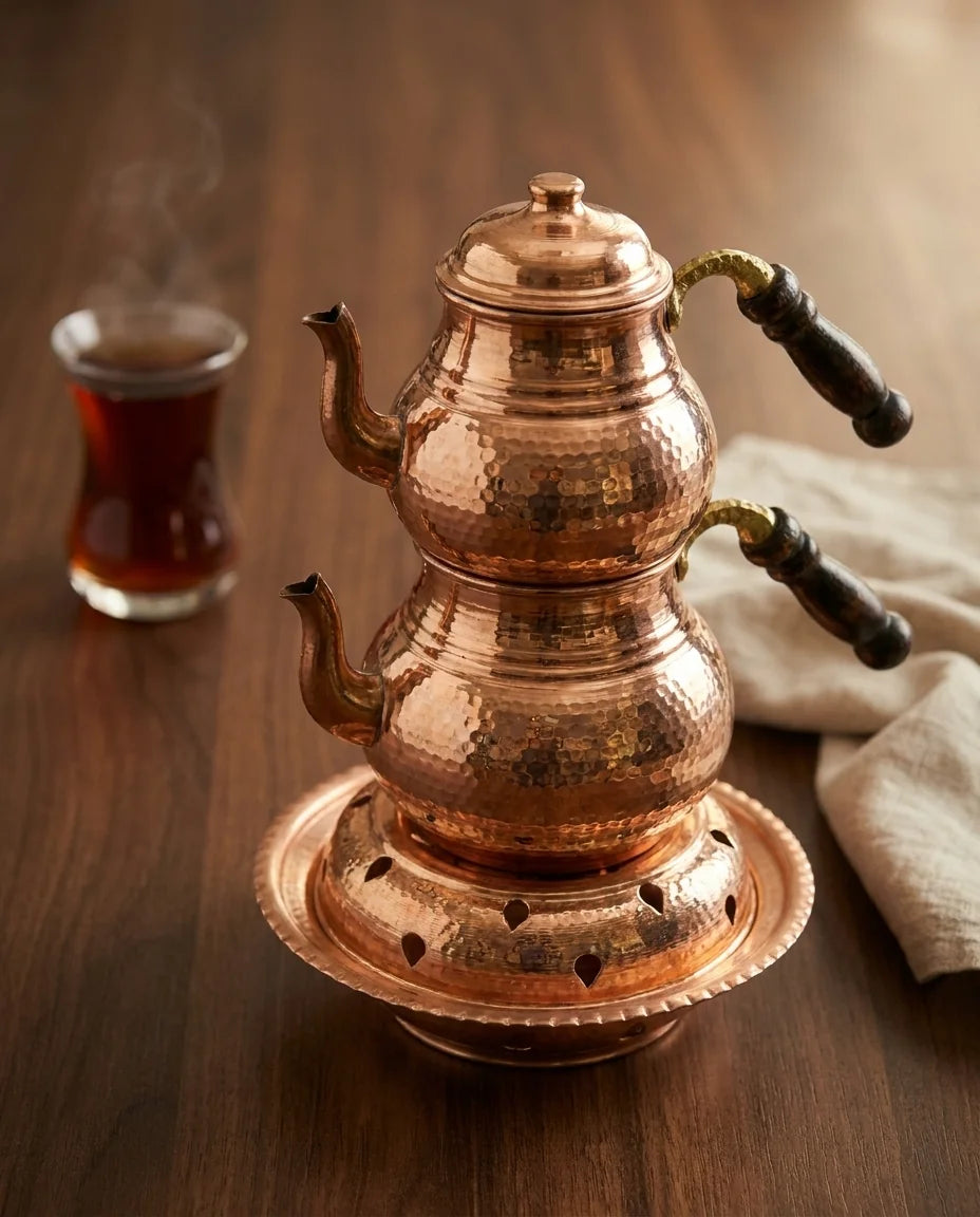 Reşolu Bakır Çaydanlık, Çekiç Dövme Desenli 3 Litre - Gaziantep Bakırcılık