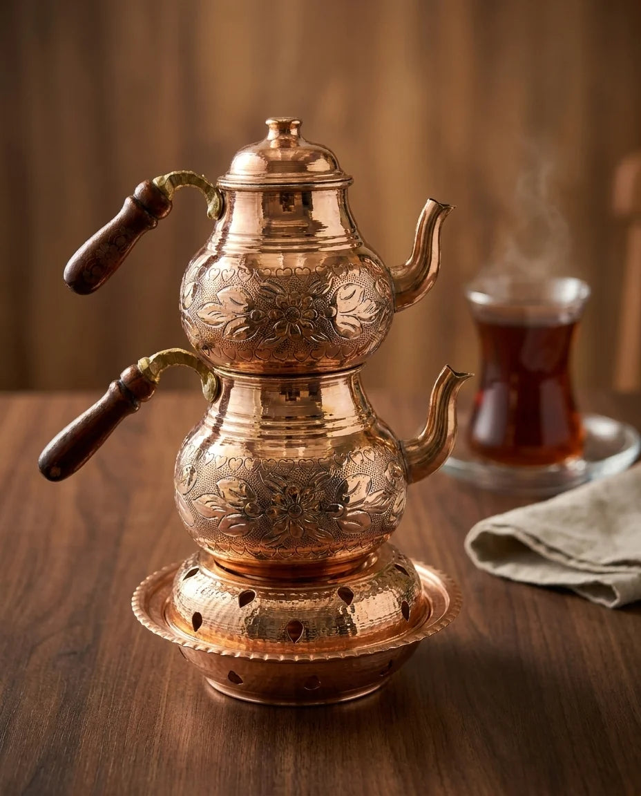 Reşolu Bakır Çaydanlık, Çiçek Kabartma Desenli 3 Litre - Gaziantep Bakırcılık