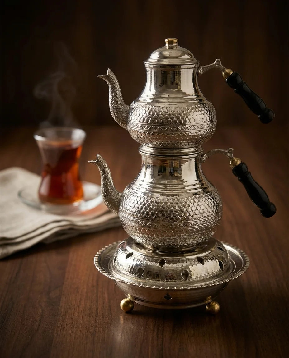 Reşolu Kalaylı Bakır Çaydanlık, Petek Desenli 3 Litre - Gaziantep Bakırcılık