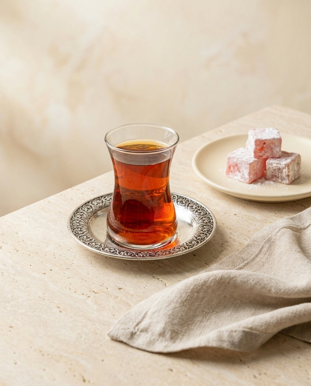 Lokum tabağı eşliğinde açık zeminde sunulan ince belli bardak ve motifli bakır çay bardak altlığı. - Gaziantep Bakırcılık