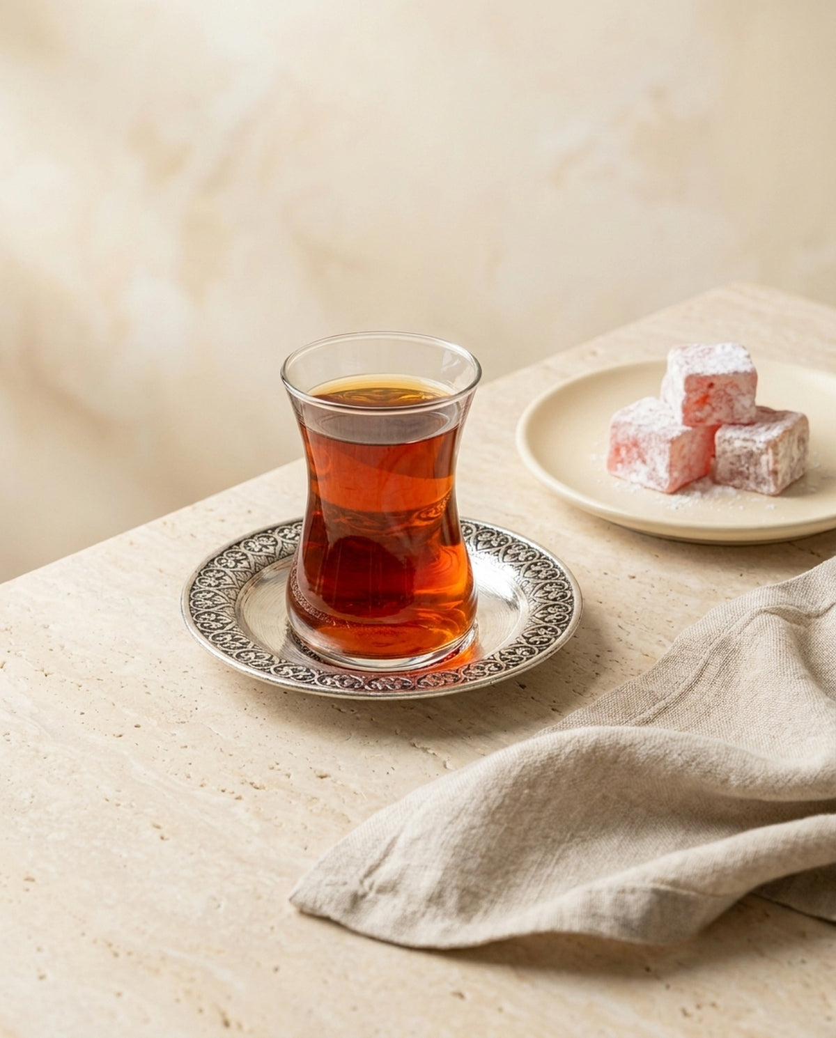 Lokum tabağı eşliğinde açık zeminde sunulan ince belli bardak ve motifli bakır çay bardak altlığı. - Gaziantep Bakırcılık