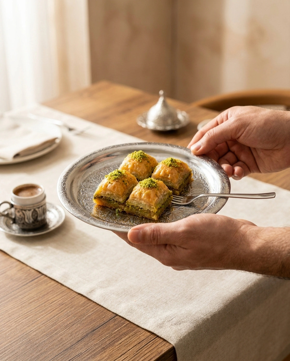 İki elle tutulan işlemeli çelik tabak içerisinde dört dilim fıstıklı baklava sunumu. - Gaziantep Bakırcılık