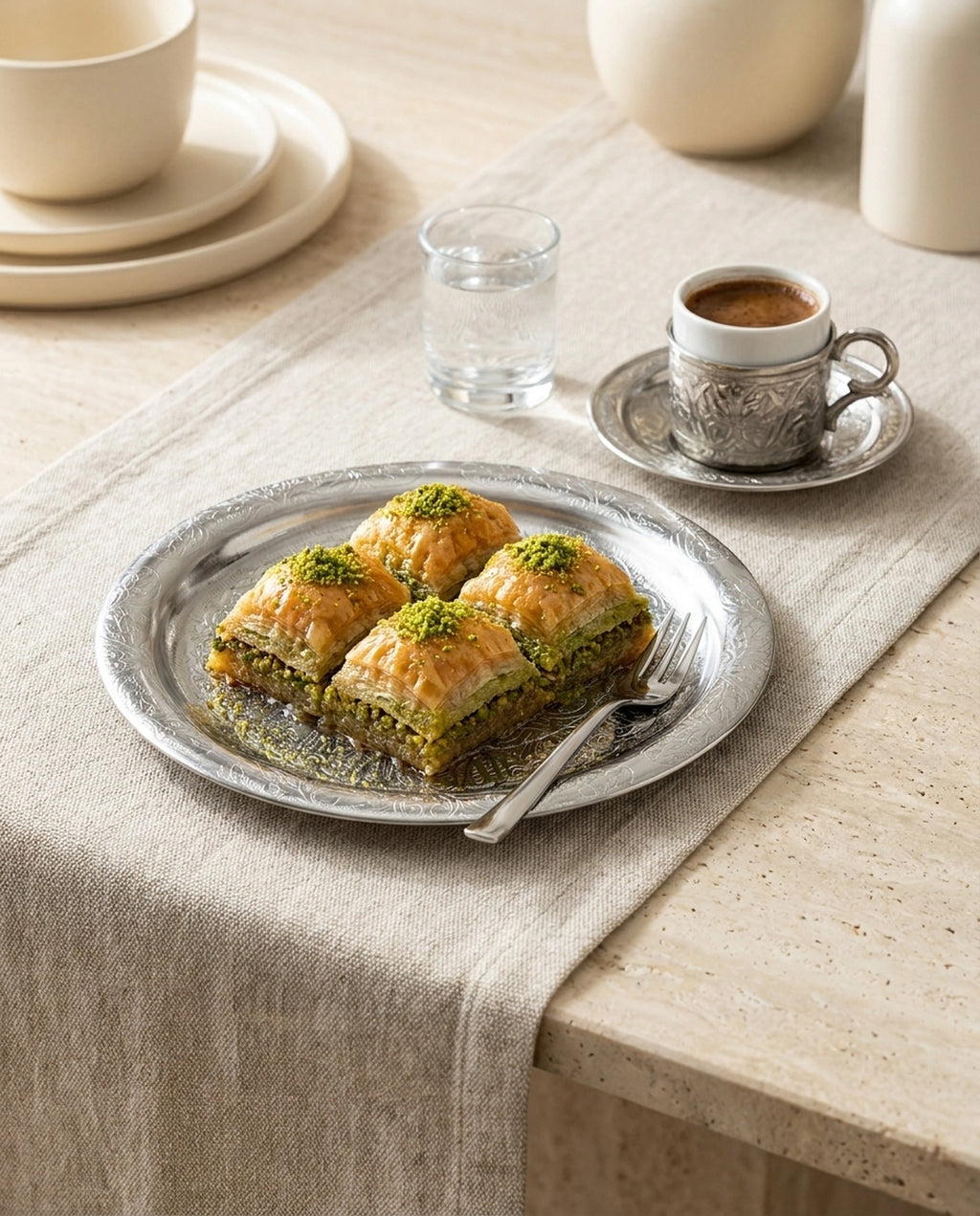 Masa üzerinde çelik tabak içinde dört dilim fıstıklı baklava, kahve ve su bardağı sunumu. - Gaziantep Bakırcılık