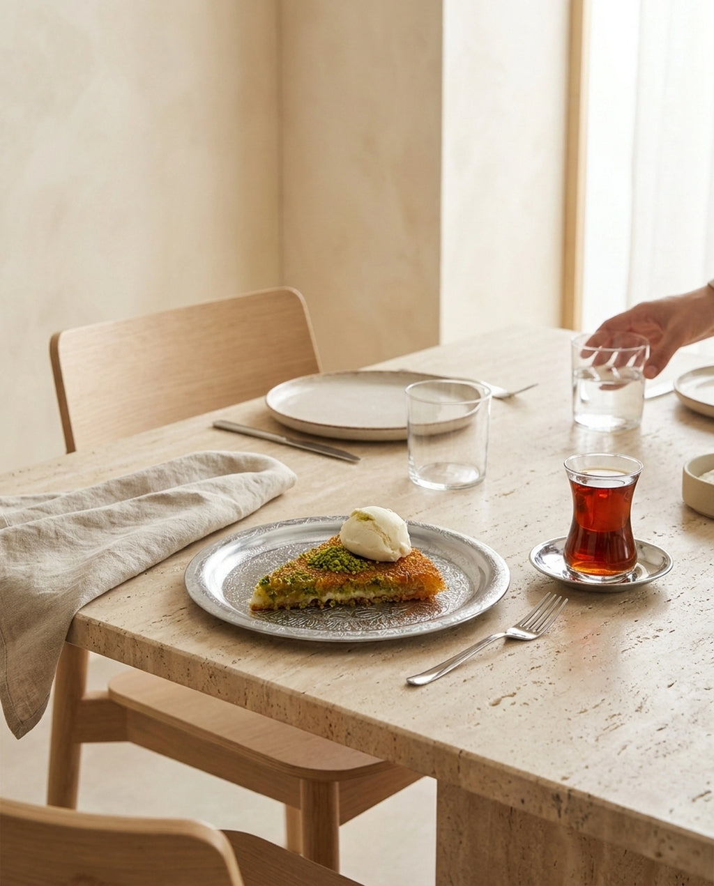 Çelik tabakta dondurmalı tatlı ve çay bardağı ile yemek masasında şık bir sunum sahnesi. - Gaziantep Bakırcılık