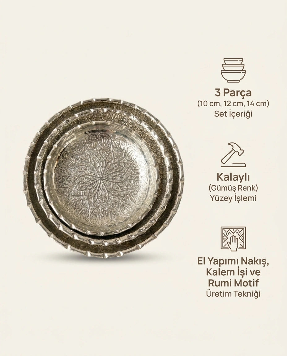 Rumi Motifli Gümüş Bakır Çerezlik Seti 3'lü (10-12-14 cm), Antep İşi - Bilgi İnfografiği - Gaziantep Bakırcılık