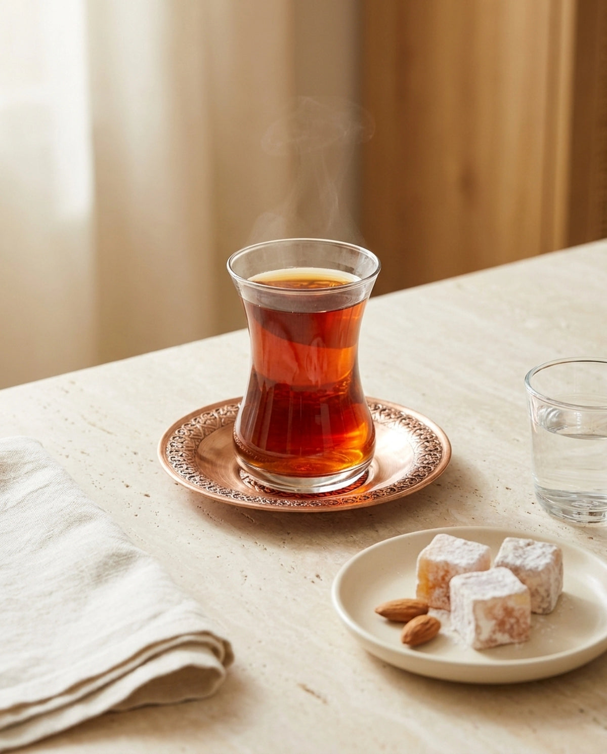 Kızıl bakır tabakta sıcak çay, yanında lokum tabağı ve su bardağı ile hazırlanan sunum. - Gaziantep Bakırcılık