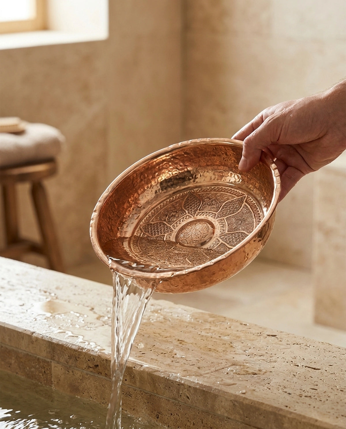 Taş kurnaya su dökülürken kullanılan, içi desenli kızıl bakır hamam tası. - Gaziantep Bakırcılık