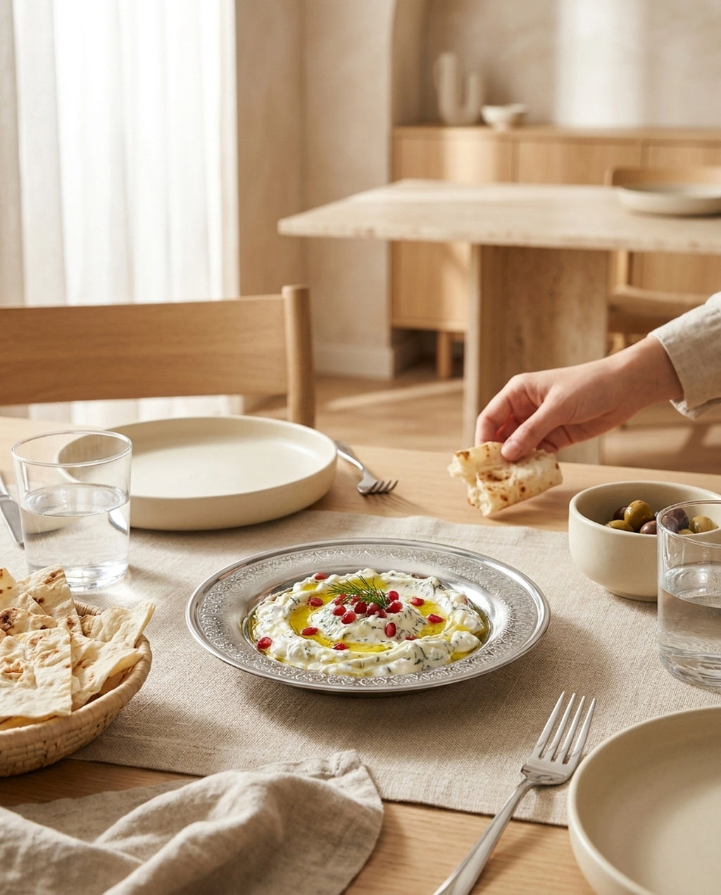 Geniş bir yemek masasında yoğurtlu meze servisi yapılan işlemeli paslanmaz çelik tabak. - Gaziantep Bakırcılık