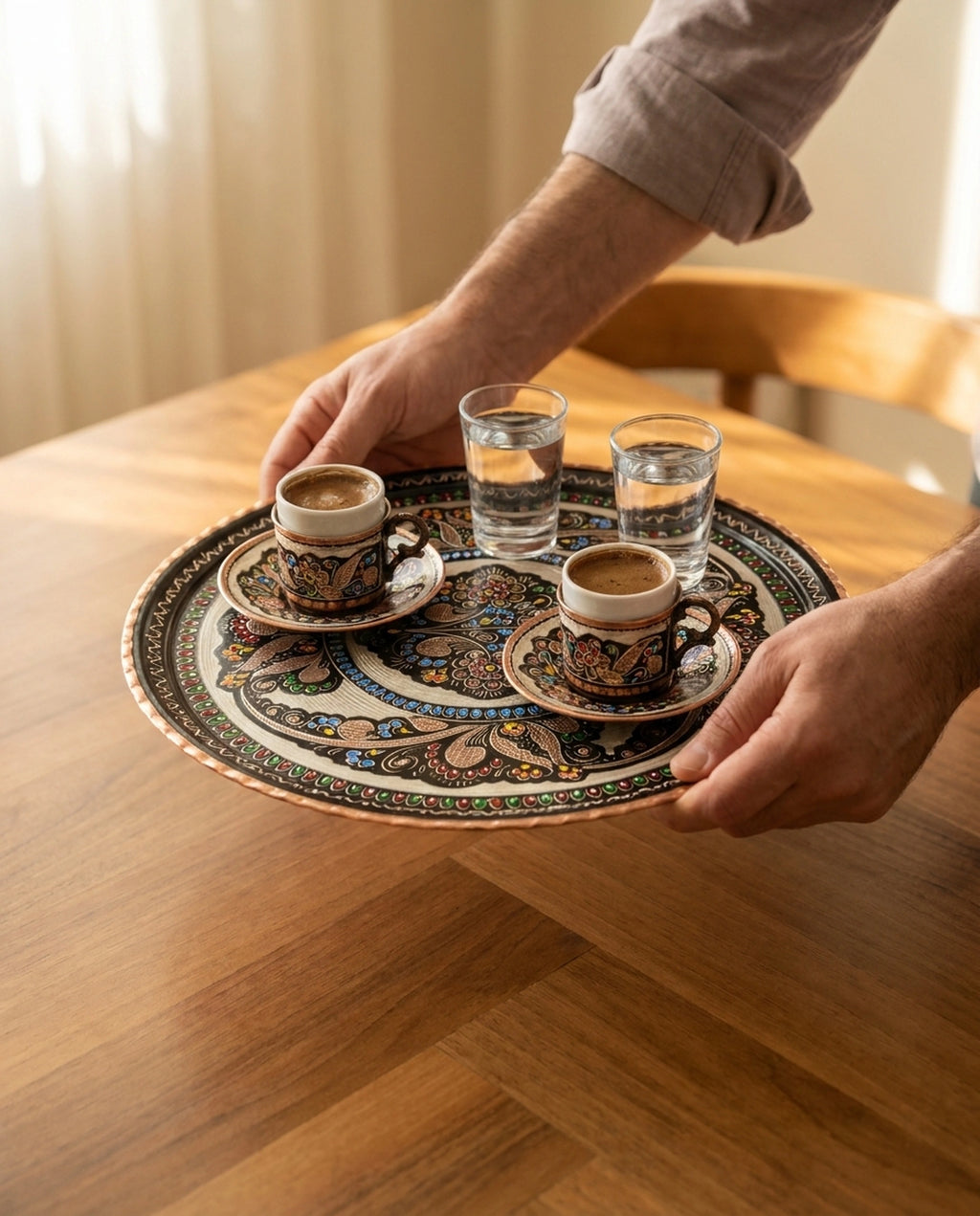 İki kahve, su bardakları ve tepsiyle birlikte, iki elle taşınarak servis edilen Türk kahvesi sunumu. - Gaziantep Bakırcılık