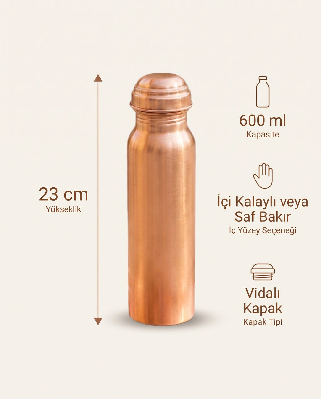Sade Parlak Kızıl Bakır Matara 600 ml, Kalaylı ve Kalaysız Seçenekli - Bilgi İnfografiği - Gaziantep Bakırcılık