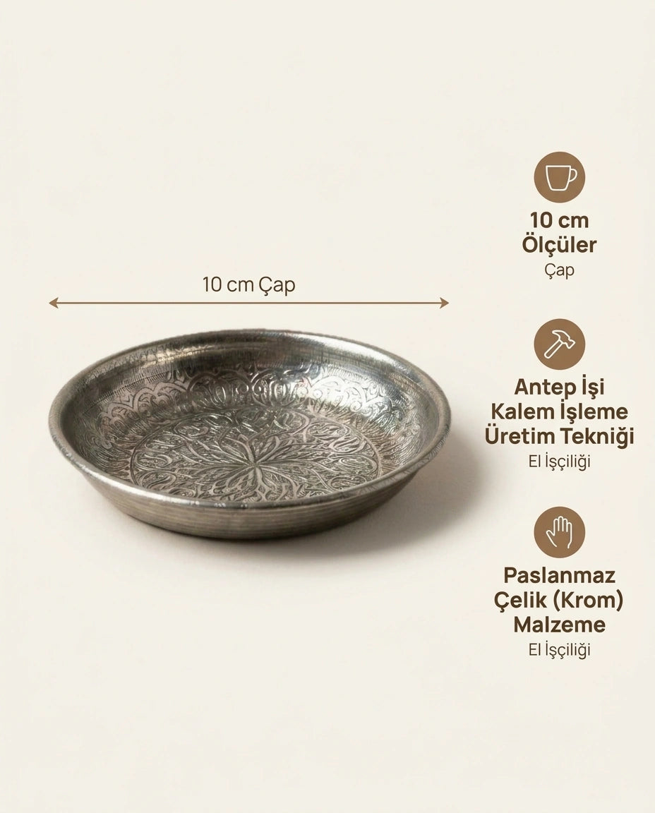 Selçuklu Desenli Parlak Paslanmaz Çelik Çerezlik 10 cm, Antep İşi - Bilgi İnfografiği - Gaziantep Bakırcılık