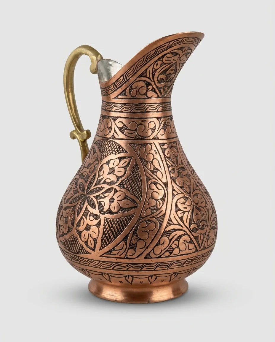 Tarama İşlemeli Kırmızı Bakır Sürahi, 2 Litre, Antep İşi - Gaziantep Bakırcılık