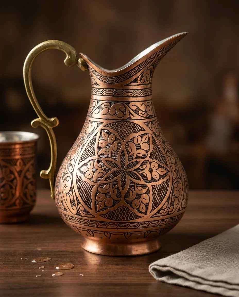 Tarama İşlemeli Kırmızı Bakır Sürahi, 2 Litre, Antep İşi - Gaziantep Bakırcılık