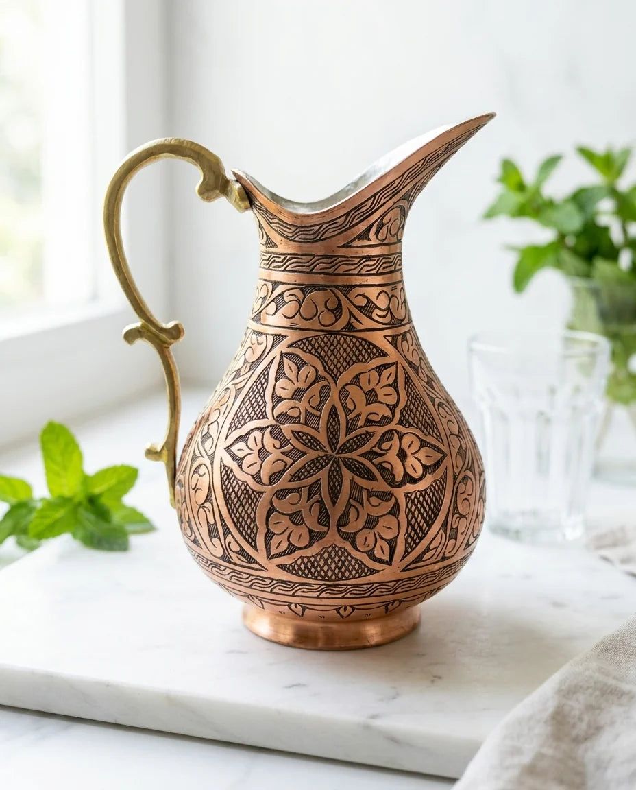 Tarama İşlemeli Kırmızı Bakır Sürahi, 2 Litre, Antep İşi - Gaziantep Bakırcılık