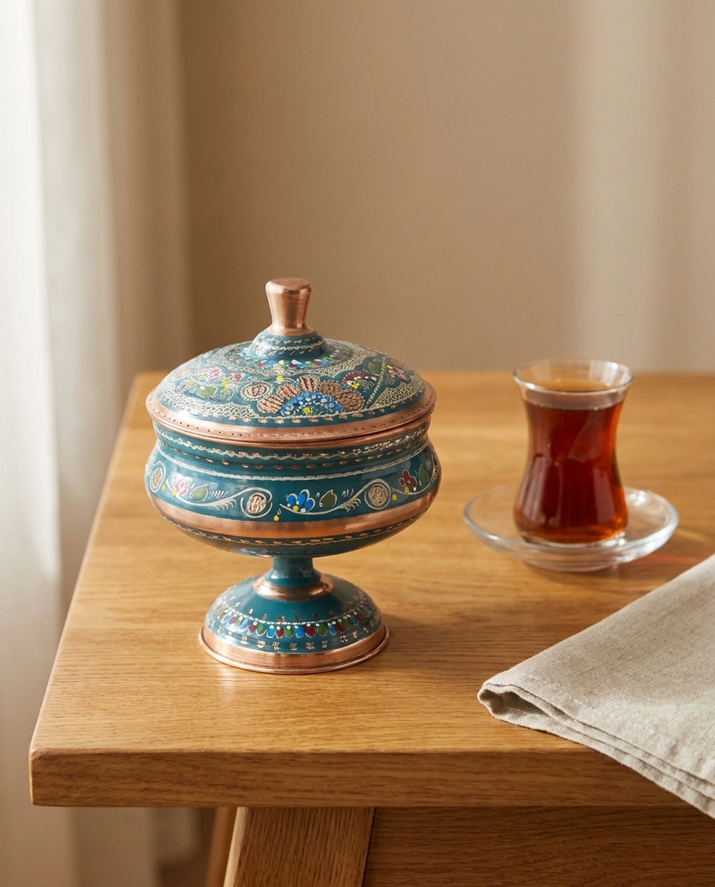 Ahşap masa üzerinde çay bardağı ile birlikte duran, renkli işlemeli kapaklı bakır şekerlik. - Gaziantep Bakırcılık