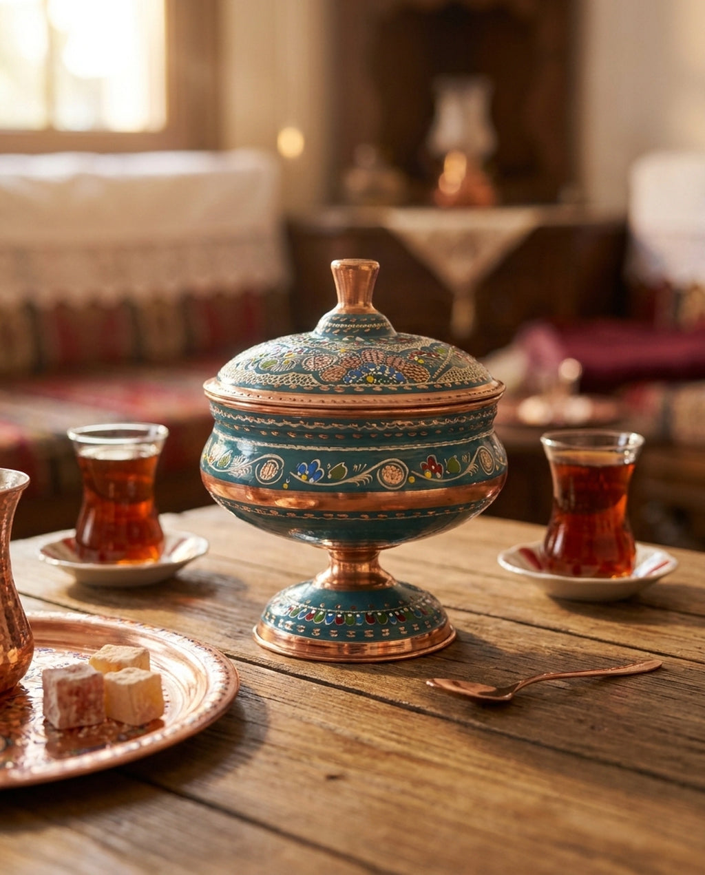 Geleneksel ortamda çay bardakları ve lokum sunumuyla hazırlanmış kapaklı bakır şekerlik. - Gaziantep Bakırcılık