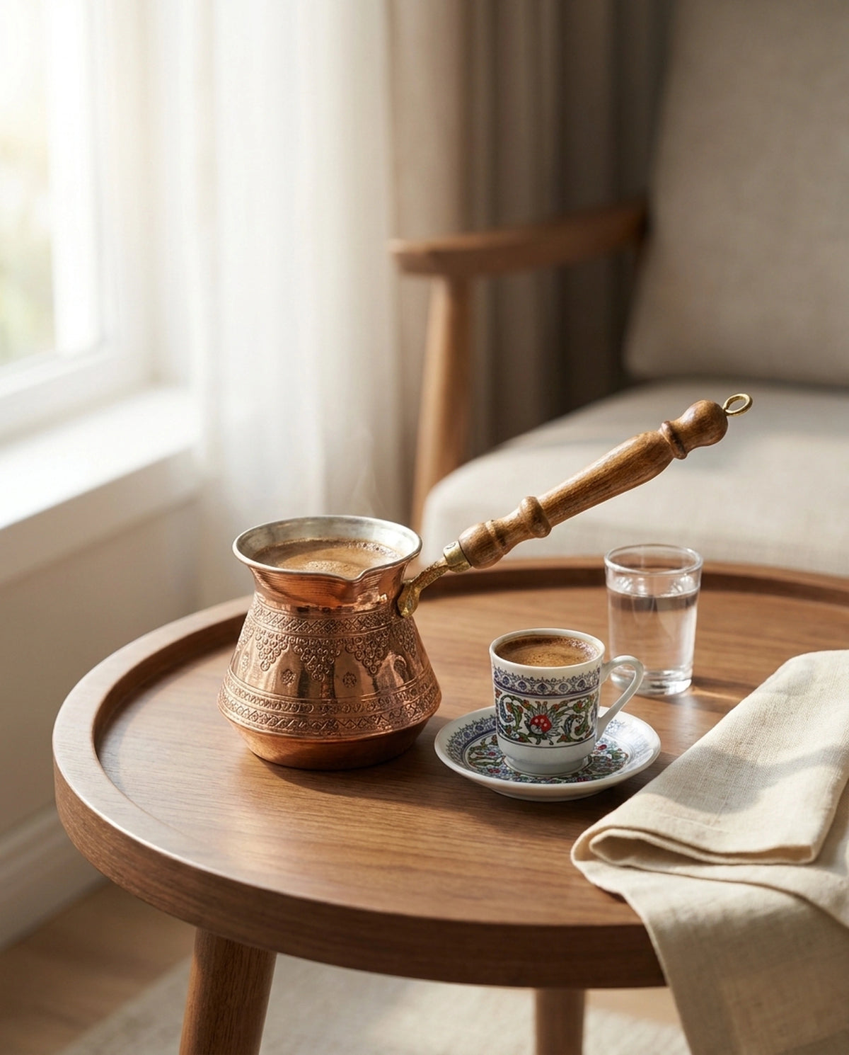 Ahşap sehpa üzerinde dumanı tüten bakır cezve, Türk kahvesi fincanı ve su bardağı. - Gaziantep Bakırcılık