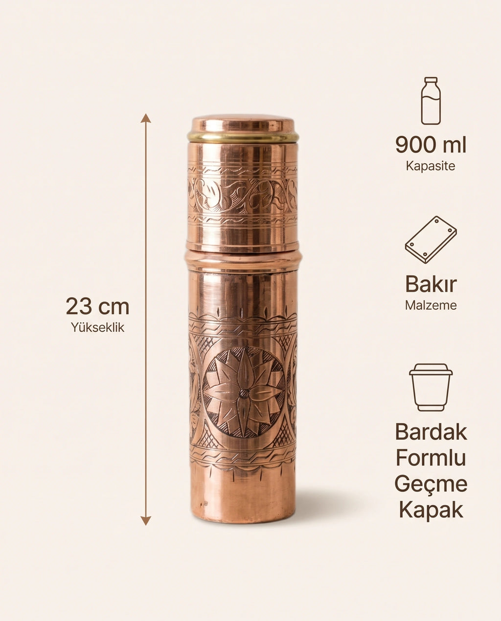 Yıldız Motifli Kızıl Bakır Matara 900 ml Bardak Kapaklı, Antep İşi - Bilgi İnfografiği - Gaziantep Bakırcılık