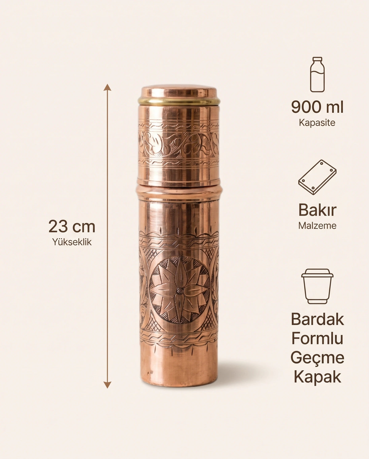 Yıldız Motifli Kızıl Bakır Matara 900 ml Bardak Kapaklı, Antep İşi - Bilgi İnfografiği - Gaziantep Bakırcılık