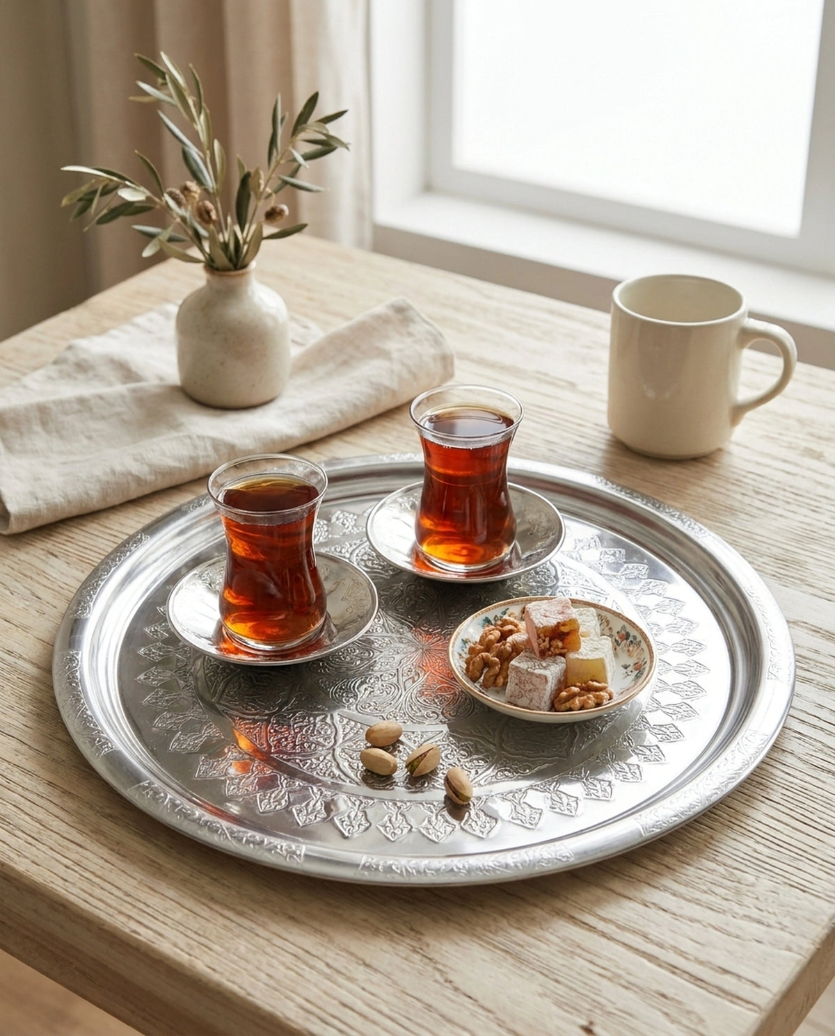 Ahşap masa üzerinde duran çelik tepside çay bardakları, lokum ve kuruyemiş sunumu - Gaziantep Bakırcılık